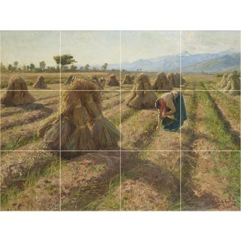Tile mural with harvest scene, sheaves, peasant woman and mountains Tile mural with harvest scene, sheaves, peasant woman and mountains
